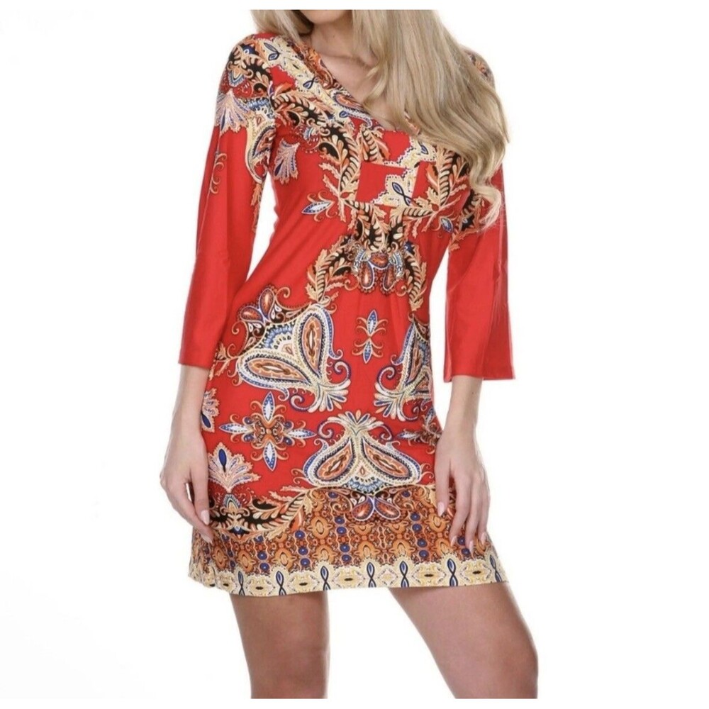 White Mark Couture Red Paisley Dress Women's Size S Small 3/4 Sleeve Boho V-Neck